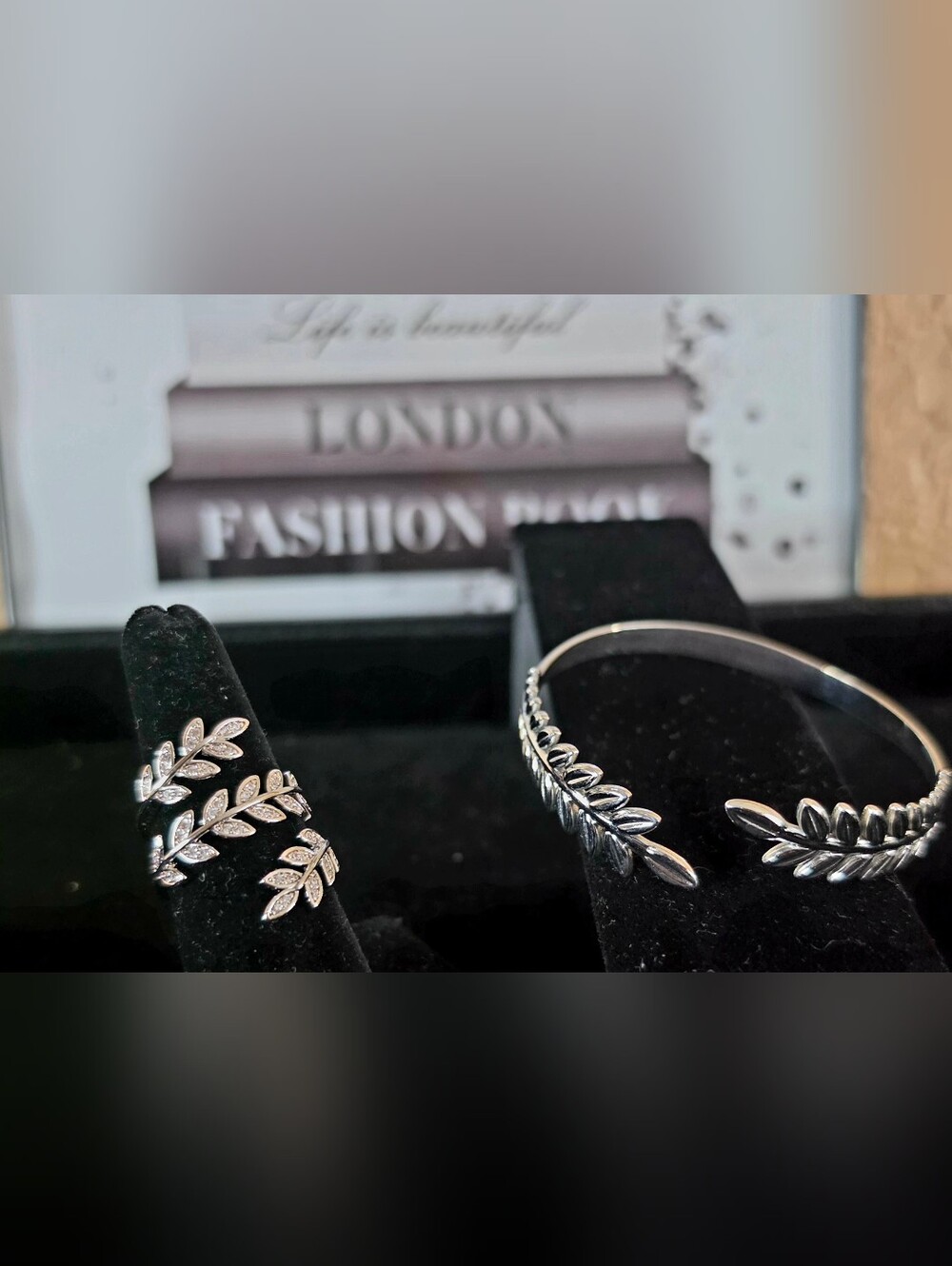 Silver Leaf Cuff Bracelet and Ring Set - Women Jewelry